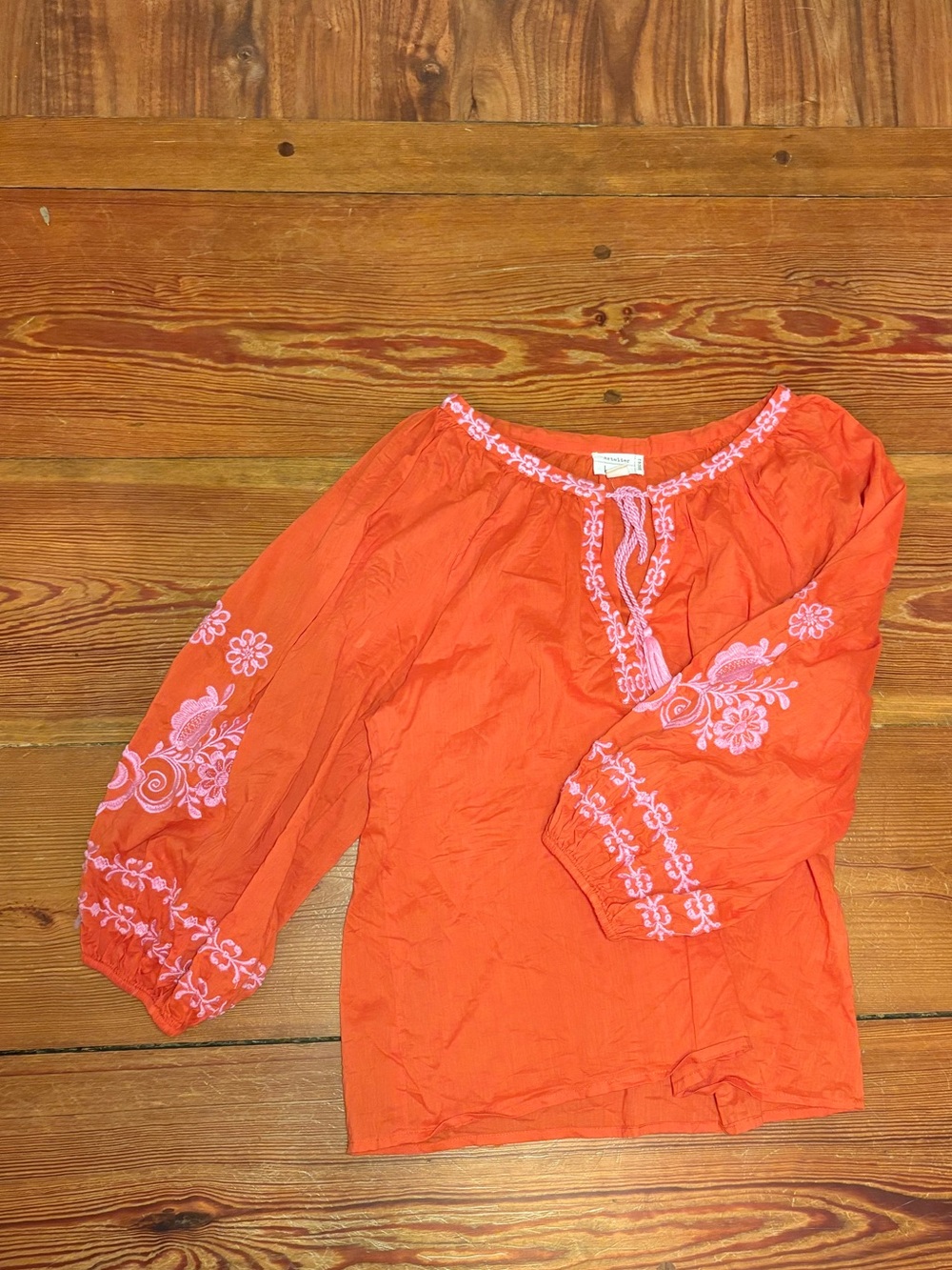 Anthropologie Orange Peasant Blouse with Pink Embroidery